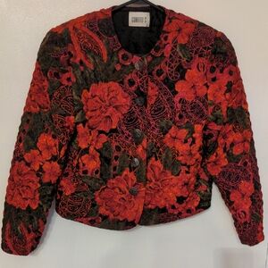 Conrad C Floral Bomber Lightweight Cropped Jacket in Red and Black Medium